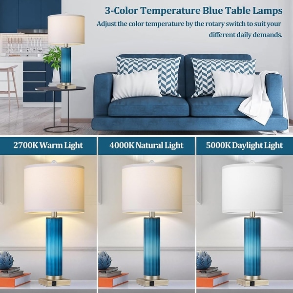 Set of 2 Table Lamps Blue Glass Bedroom Lamp for Bedside with USB C A Charging Ports Modern Art Deco Nightstand Lamp